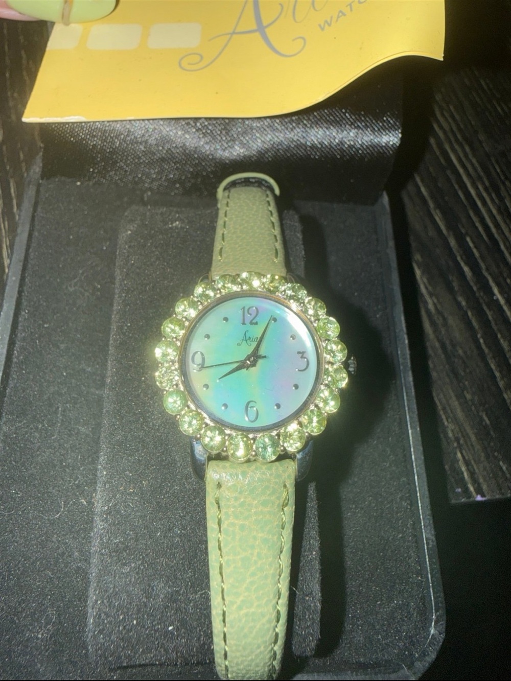 Aria Women’s Light Green Crystal-Trim Leather Strap Watch